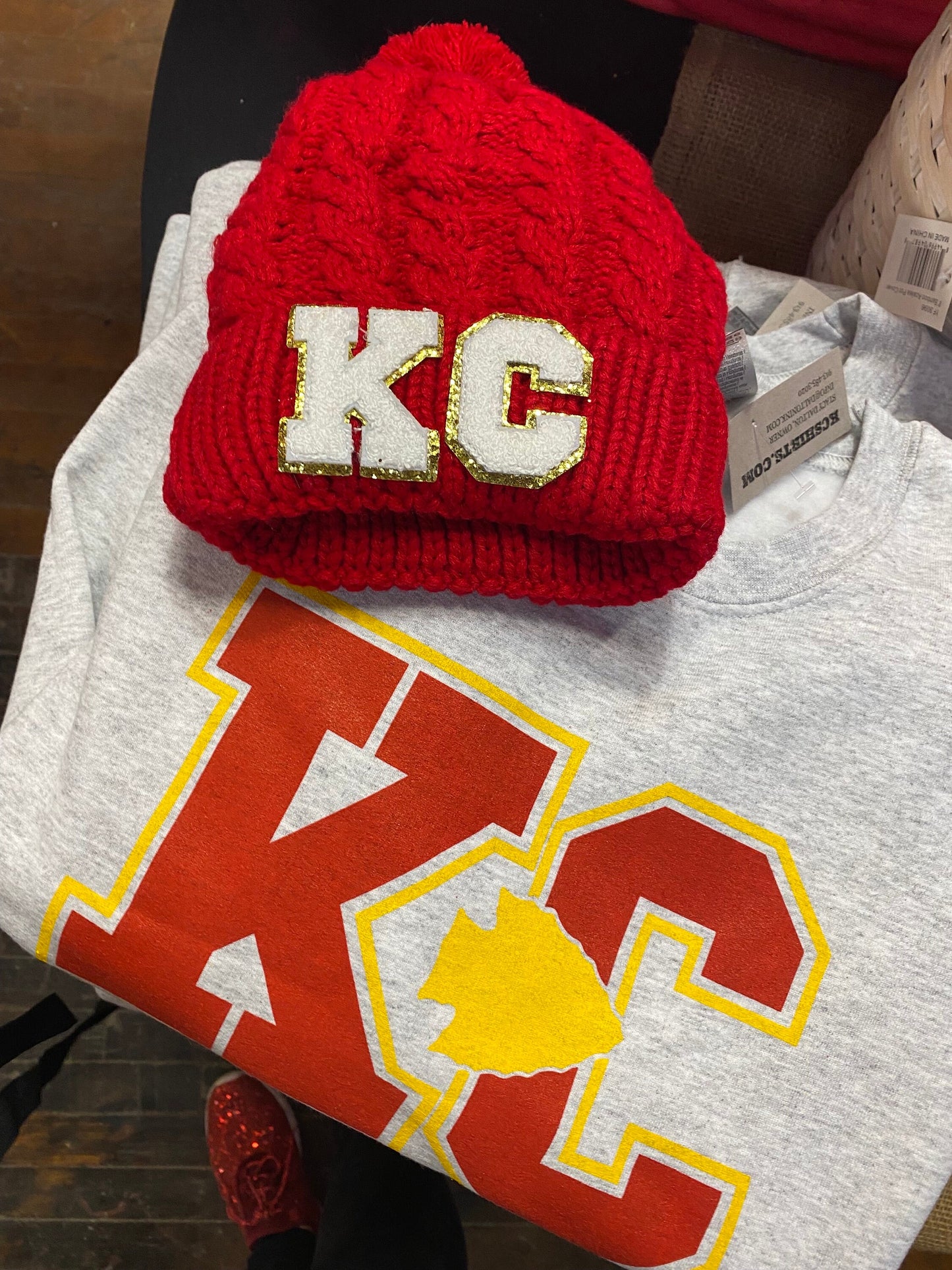 KC Gameday Beanie | Chiefs Football Women’s Hat | Kansas City Winter Pom Hat | Red Knitted Chunky Beanie | Cable Knit Cuffed Pom Beanie