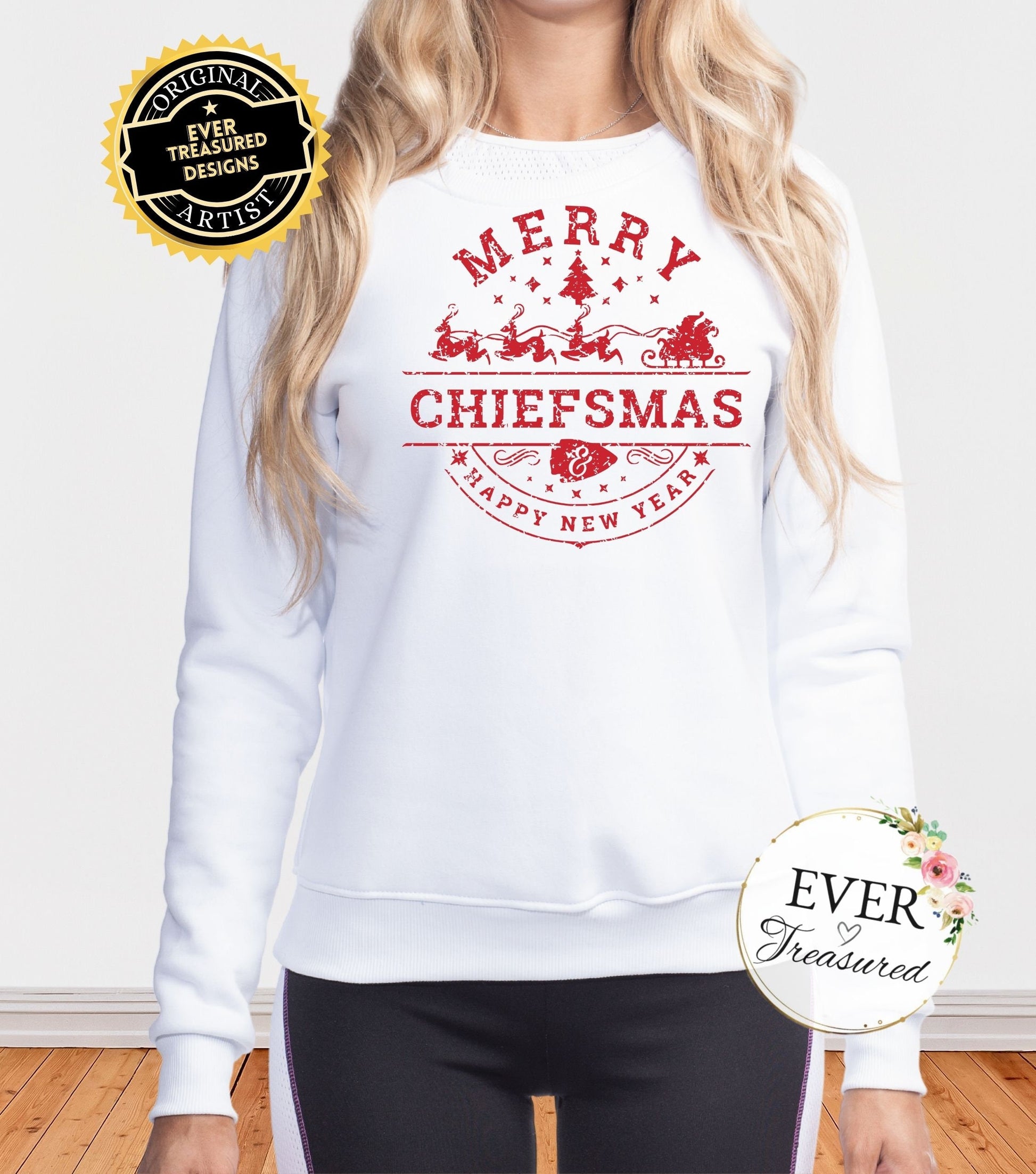 Merry Chiefsmas & Happy New Year Kansas City Chiefs Christmas Arrowhead Unisex Crewneck Sweatshirt | KC Christmas Eve Santa Holiday Shirt