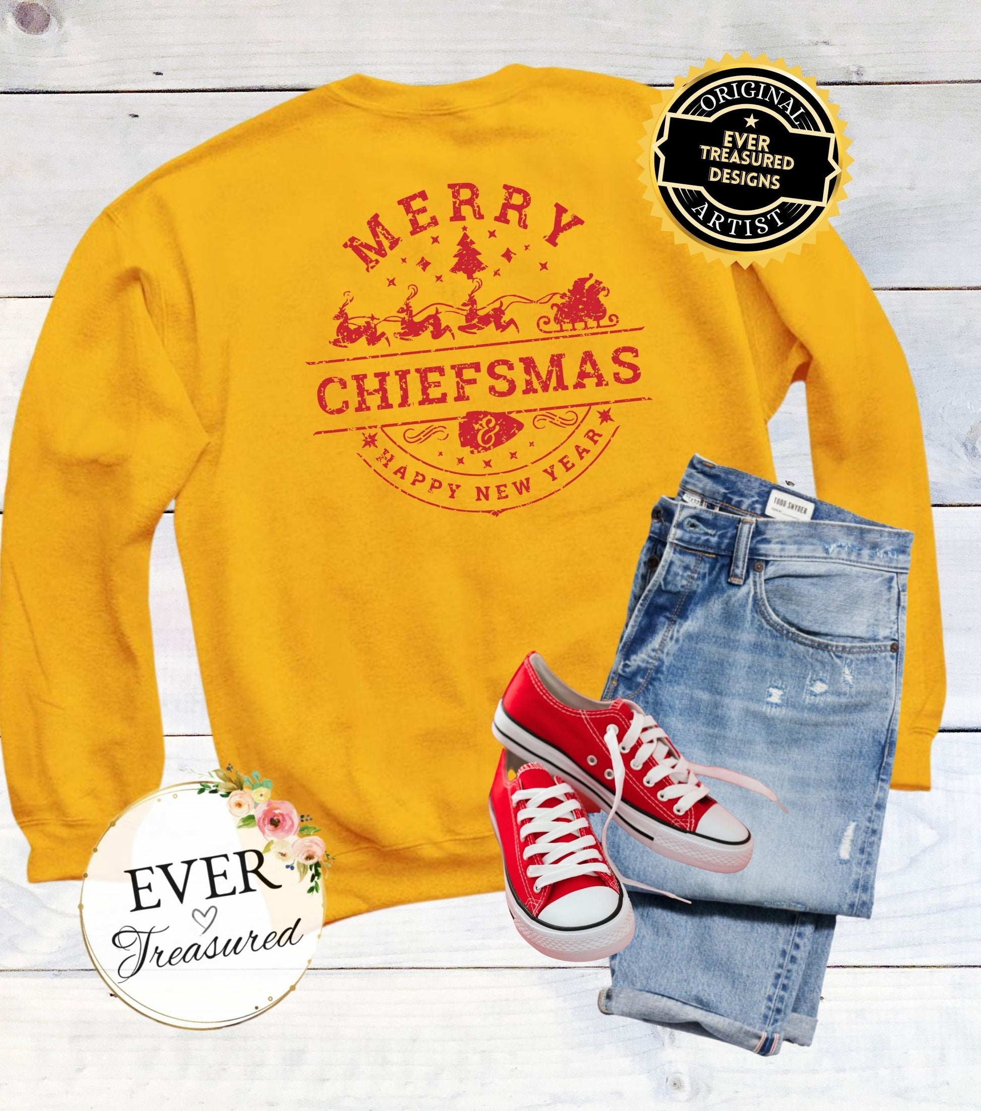 Merry Chiefsmas & Happy New Year Kansas City Chiefs Christmas Arrowhead Unisex Crewneck Sweatshirt | KC Christmas Eve Santa Holiday Shirt