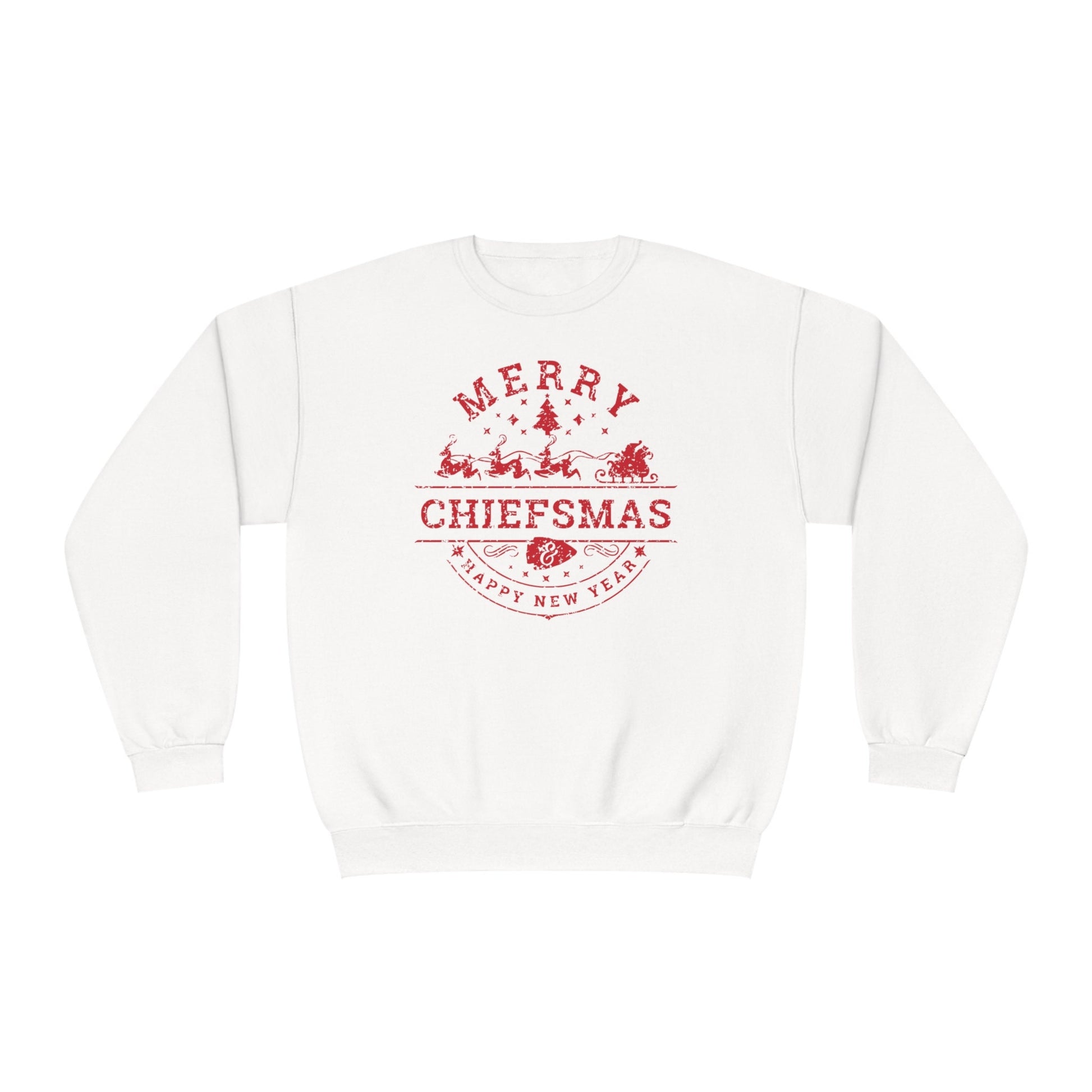 Merry Chiefsmas & Happy New Year Kansas City Chiefs Christmas Arrowhead Unisex Crewneck Sweatshirt | KC Christmas Eve Santa Holiday Shirt