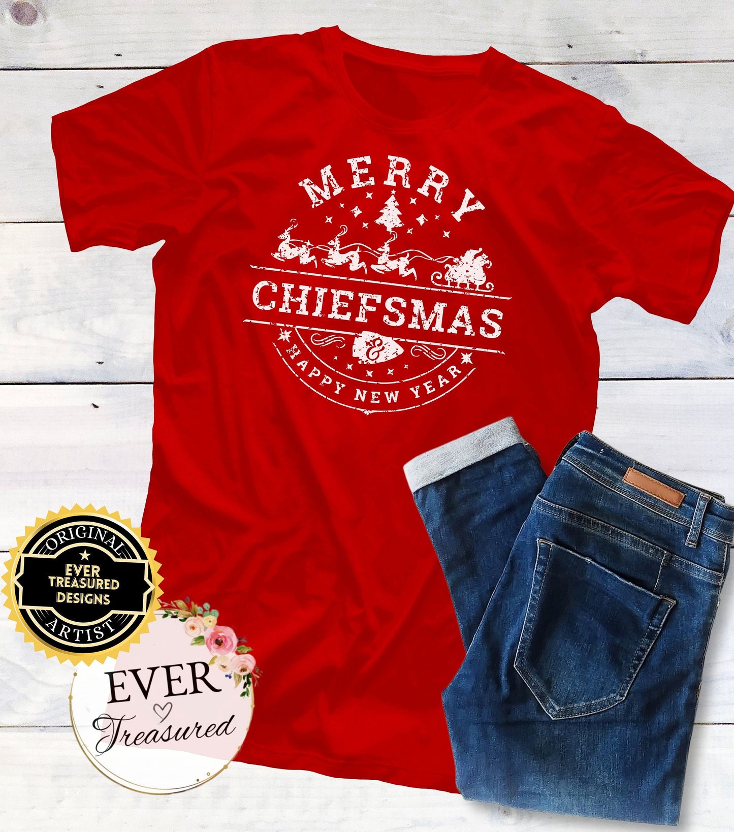 Merry Chiefsmas & Happy New Year Kansas City Chiefs Christmas Arrowhead Tshirt Unisex | KC Football Christmas Eve Santa Holiday Shirt