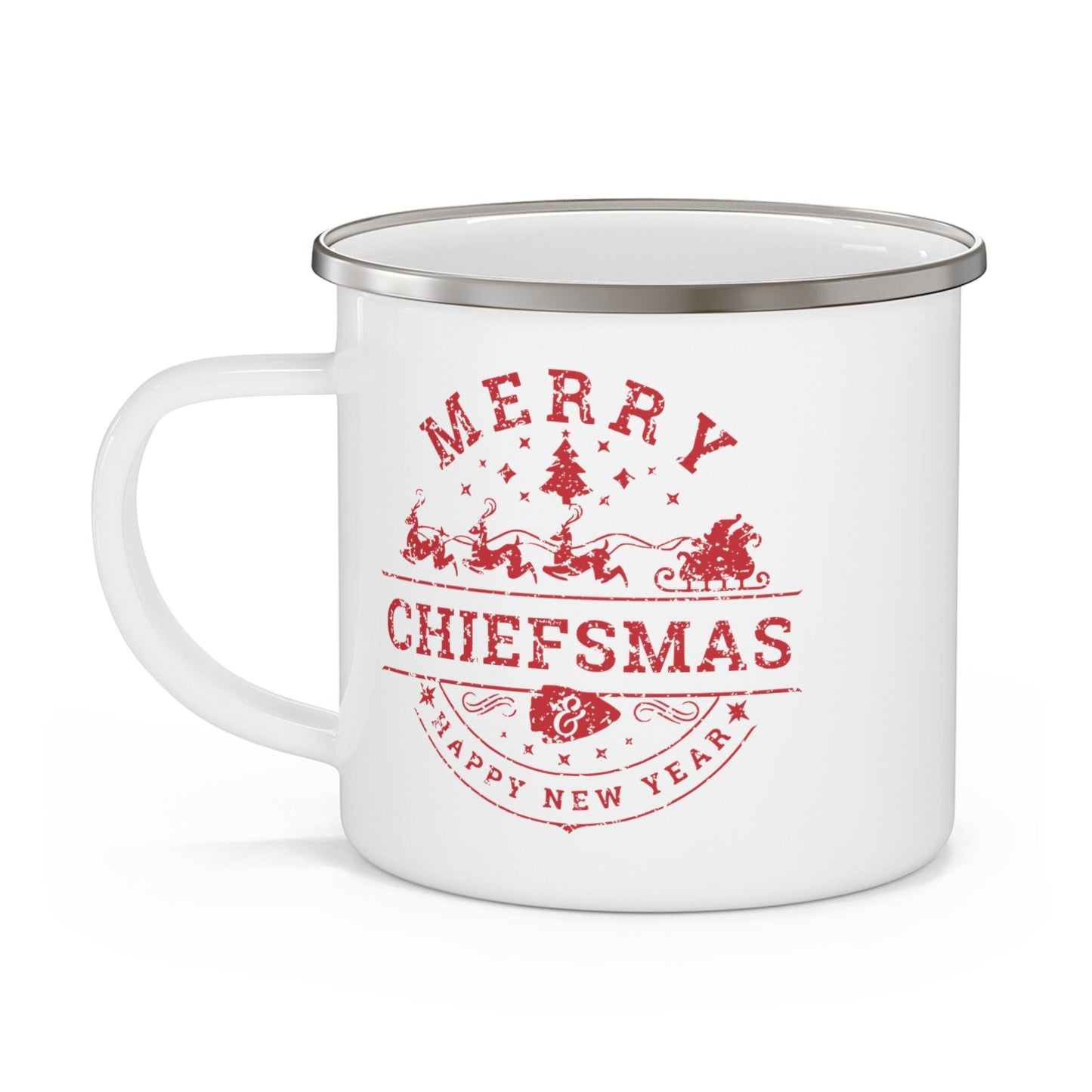 Merry Chiefsmas & Happy New Year Kansas City Chiefs Christmas Arrowhead Enamel Camping Mug 12 oz