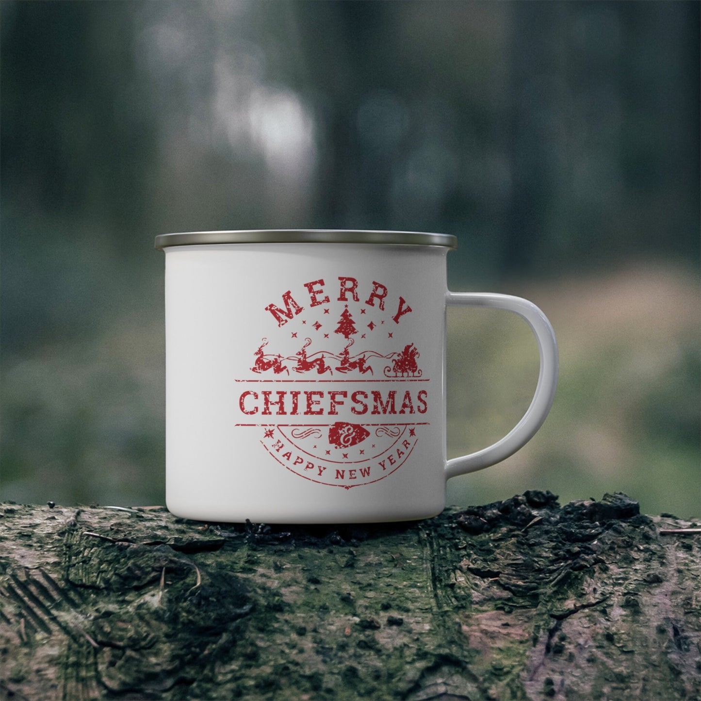 Merry Chiefsmas & Happy New Year Kansas City Chiefs Christmas Arrowhead Enamel Camping Mug 12 oz