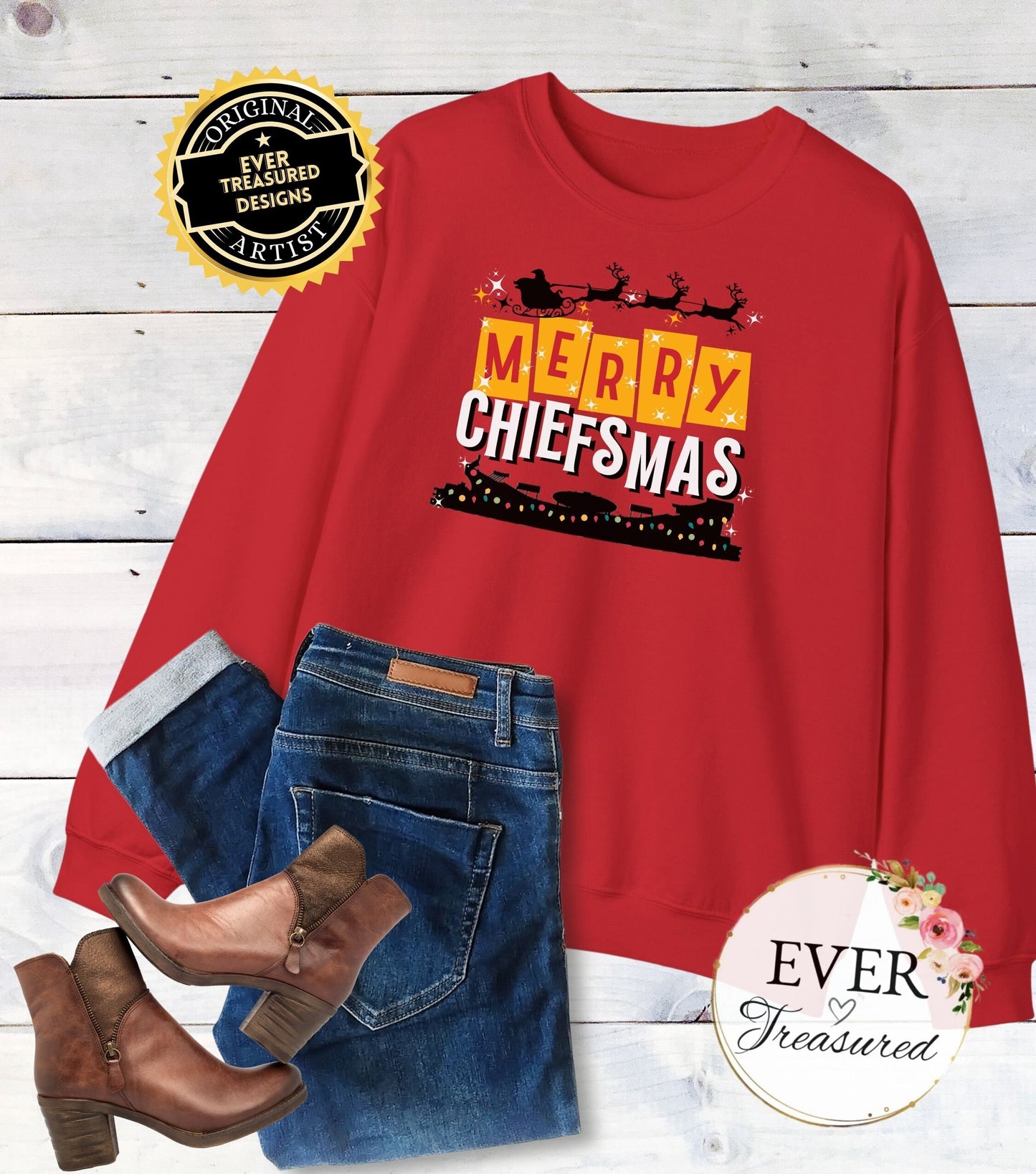 Kansas City Chiefs Merry Chiefsmas Unisex Crewneck Sweatshirt | Arrowhead KC Christmas Eve Santa Shirt