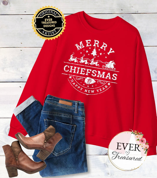 Merry Chiefsmas & Happy New Year Kansas City Chiefs Christmas Arrowhead Unisex Crewneck Sweatshirt | KC Christmas Eve Santa Holiday Shirt