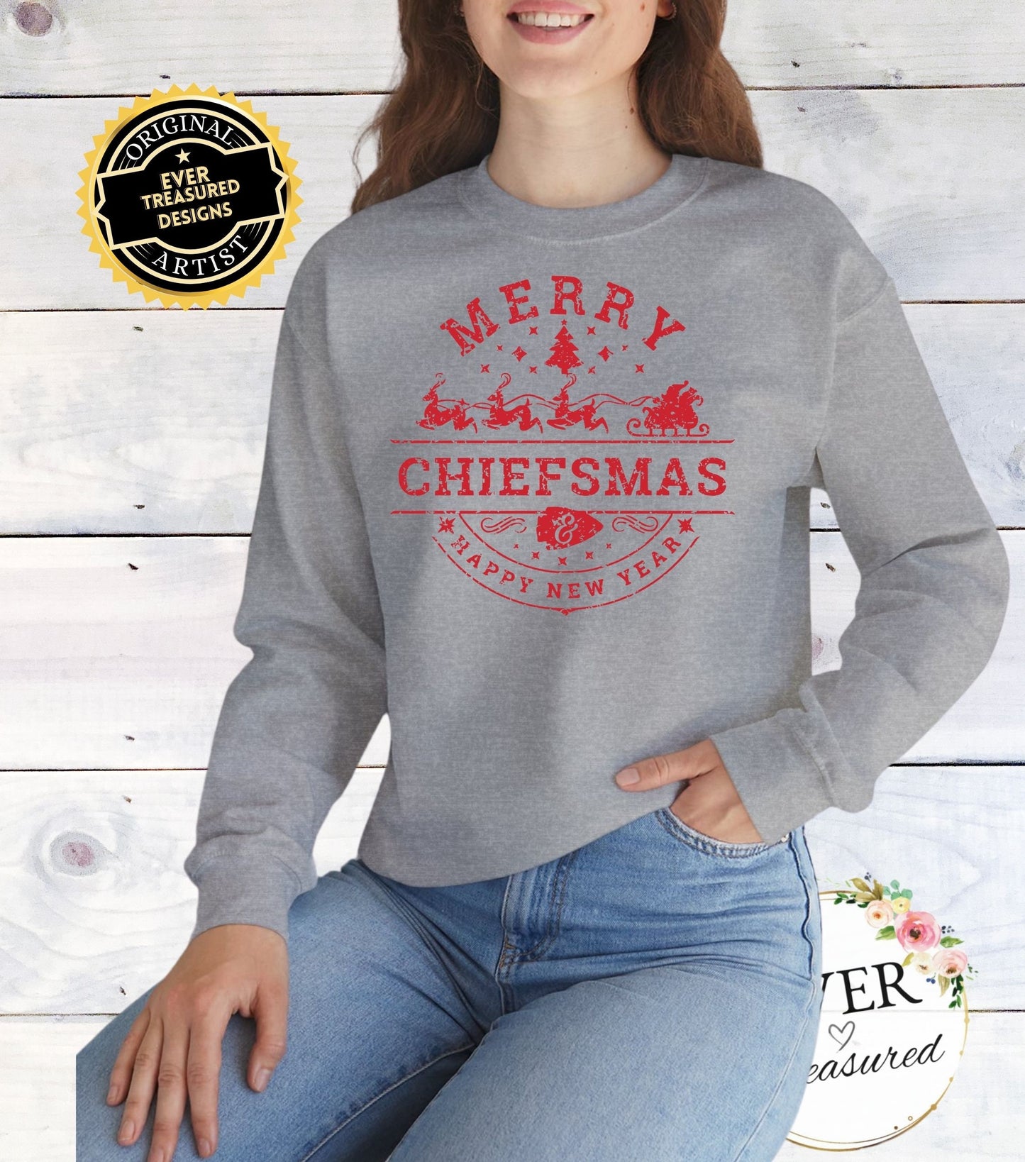 Merry Chiefsmas & Happy New Year Kansas City Chiefs Christmas Arrowhead Unisex Crewneck Sweatshirt | KC Christmas Eve Santa Holiday Shirt