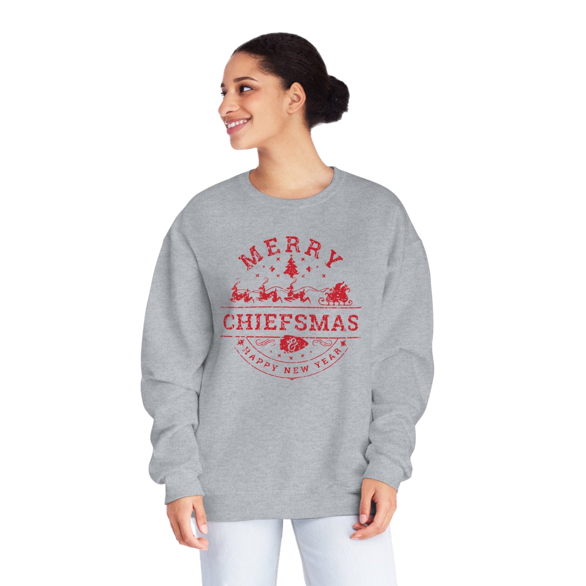 Merry Chiefsmas & Happy New Year Kansas City Chiefs Christmas Arrowhead Unisex Crewneck Sweatshirt | KC Christmas Eve Santa Holiday Shirt