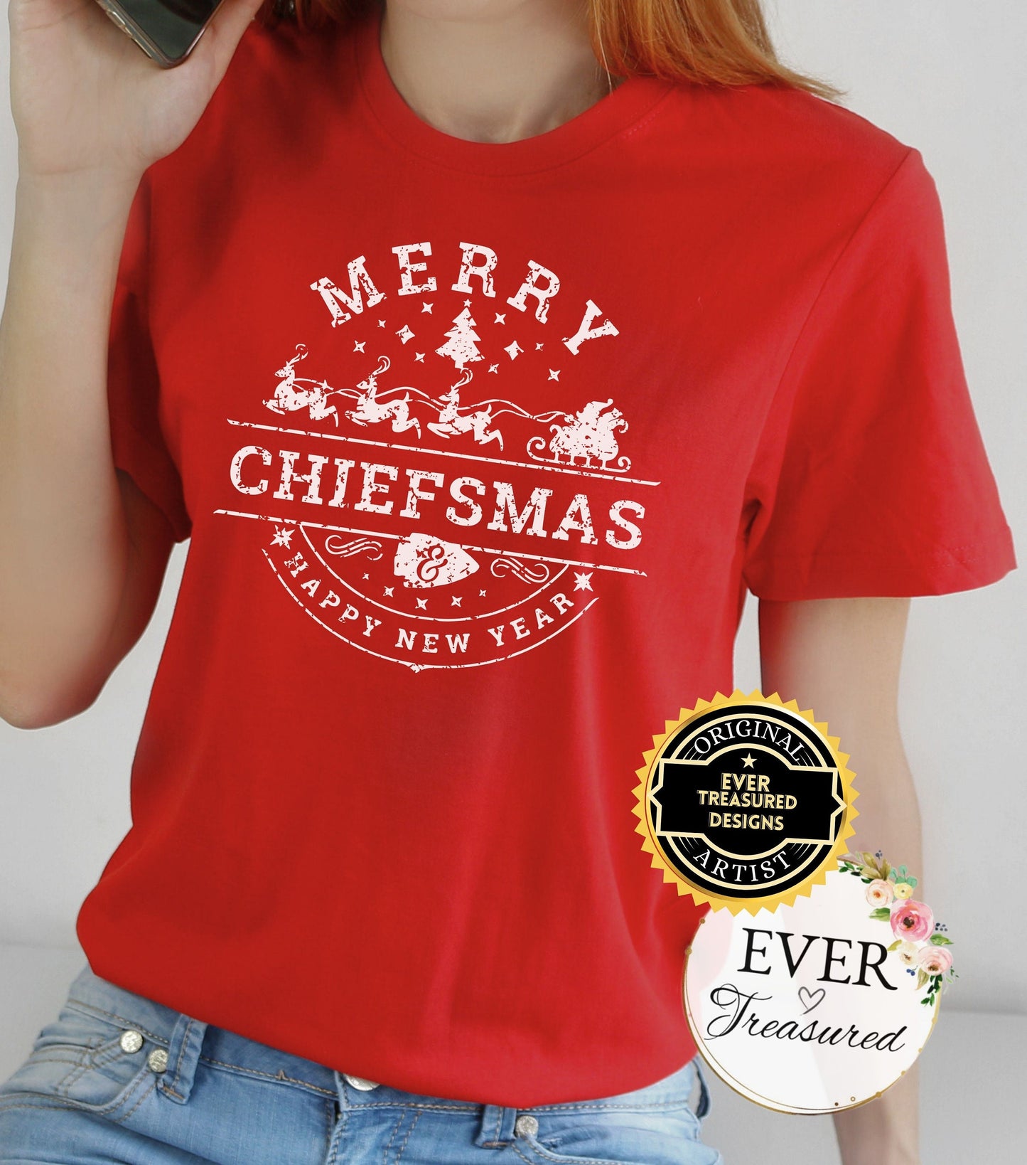 Merry Chiefsmas & Happy New Year Kansas City Chiefs Christmas Arrowhead Tshirt Unisex | KC Football Christmas Eve Santa Holiday Shirt