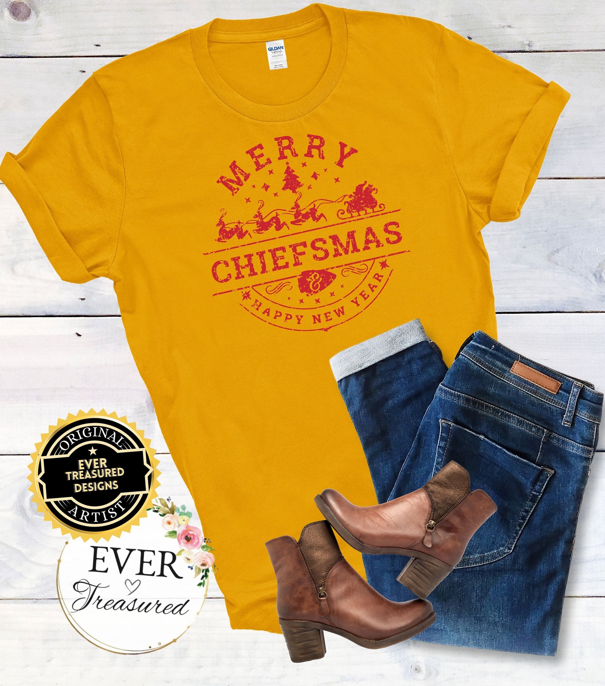 Merry Chiefsmas & Happy New Year Kansas City Chiefs Christmas Arrowhead Tshirt Unisex | KC Football Christmas Eve Santa Holiday Shirt