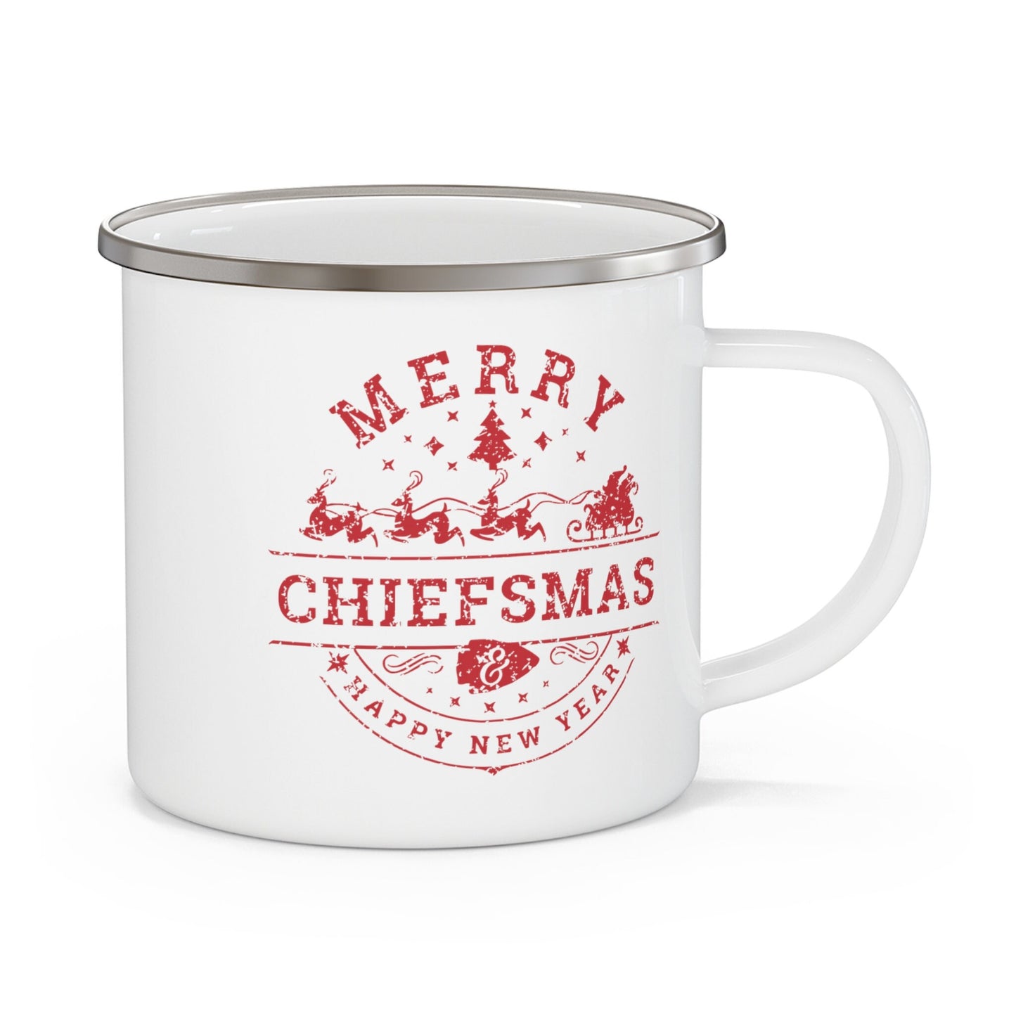 Merry Chiefsmas & Happy New Year Kansas City Chiefs Christmas Arrowhead Enamel Camping Mug 12 oz