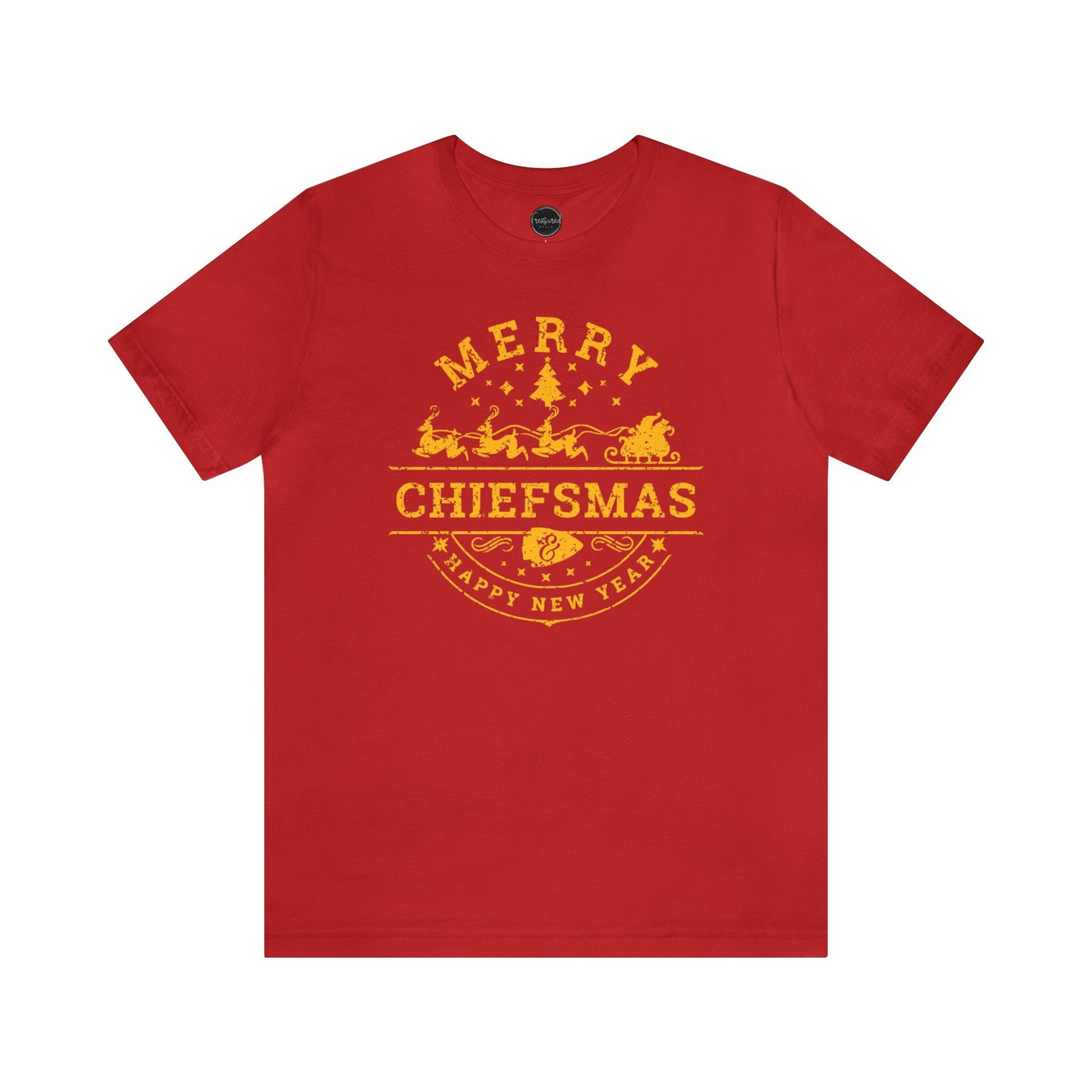 Merry Chiefsmas & Happy New Year Kansas City Chiefs Christmas Arrowhead Tshirt | KC Football Christmas Eve Santa Holiday Shirt Red w/ Y