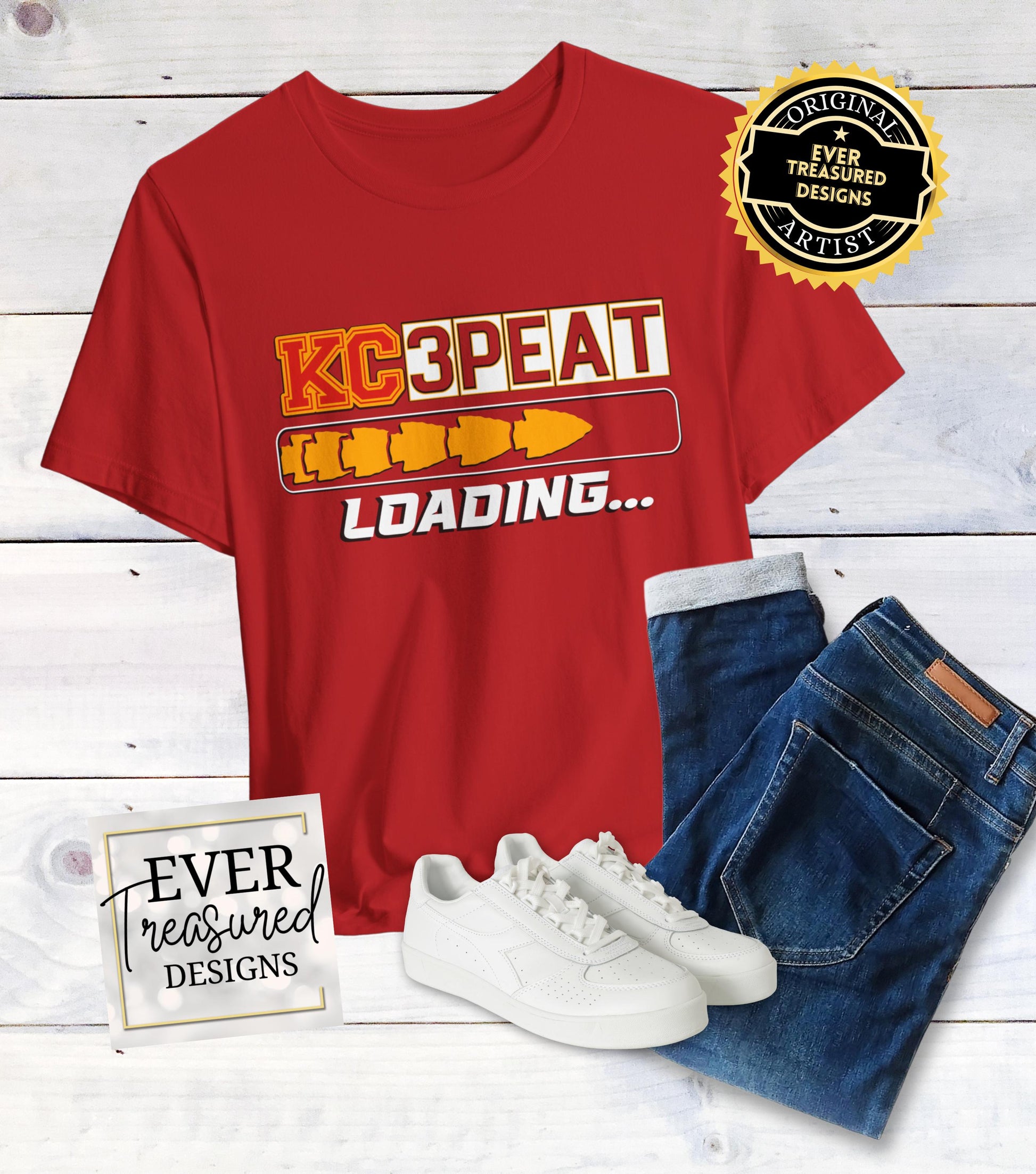 Kansas City Chiefs 3PEAT Loading Tshirt Unisex | KC Football Champs Loading Graphic Tee | Red Kingdom Arrowhead Energy Gear