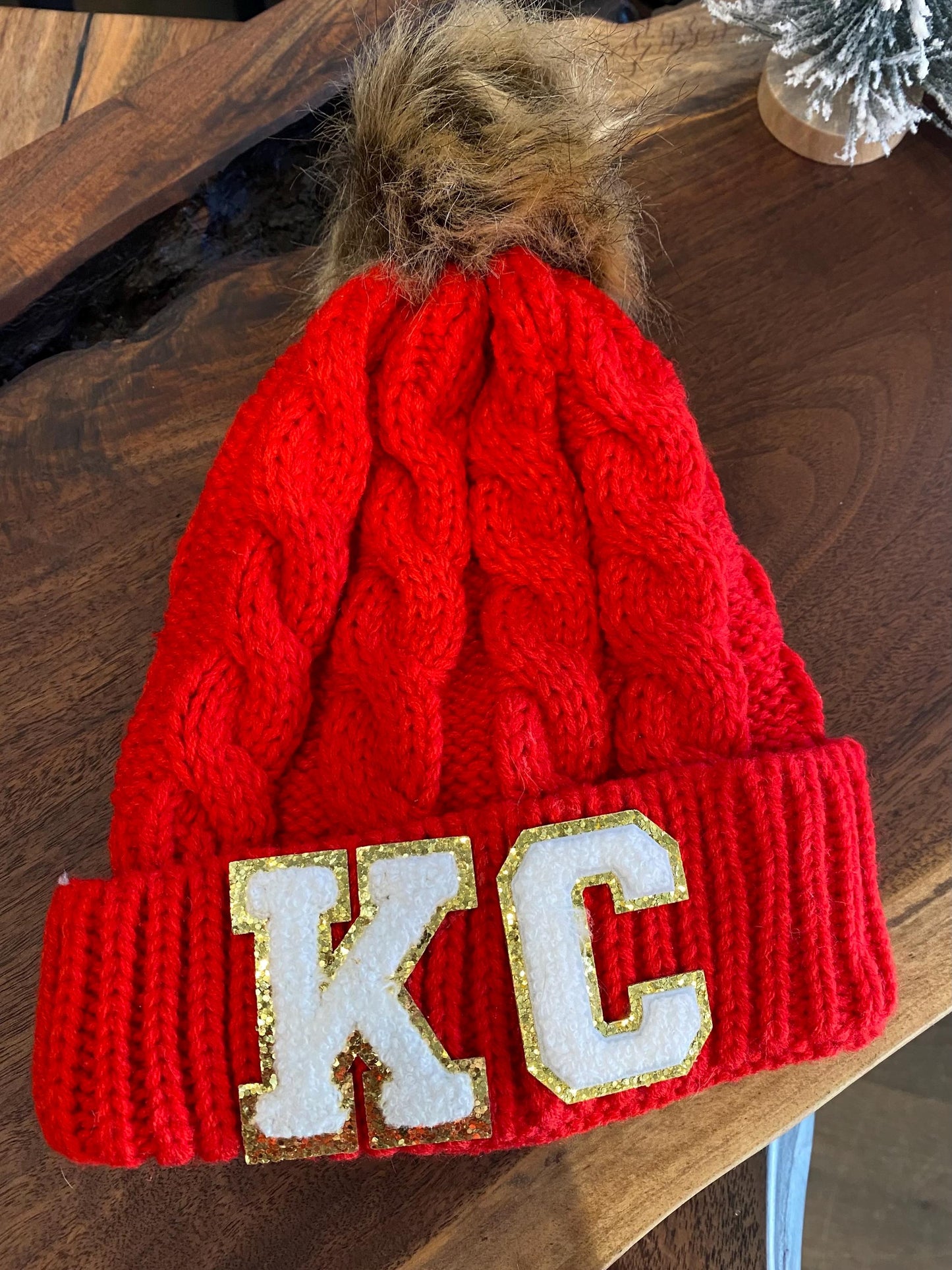 KC Gameday Beanie | Chiefs Football Women’s Hat | Kansas City Winter Pom Hat | Red Knitted Chunky Beanie | Cable Knit Cuffed Pom Beanie