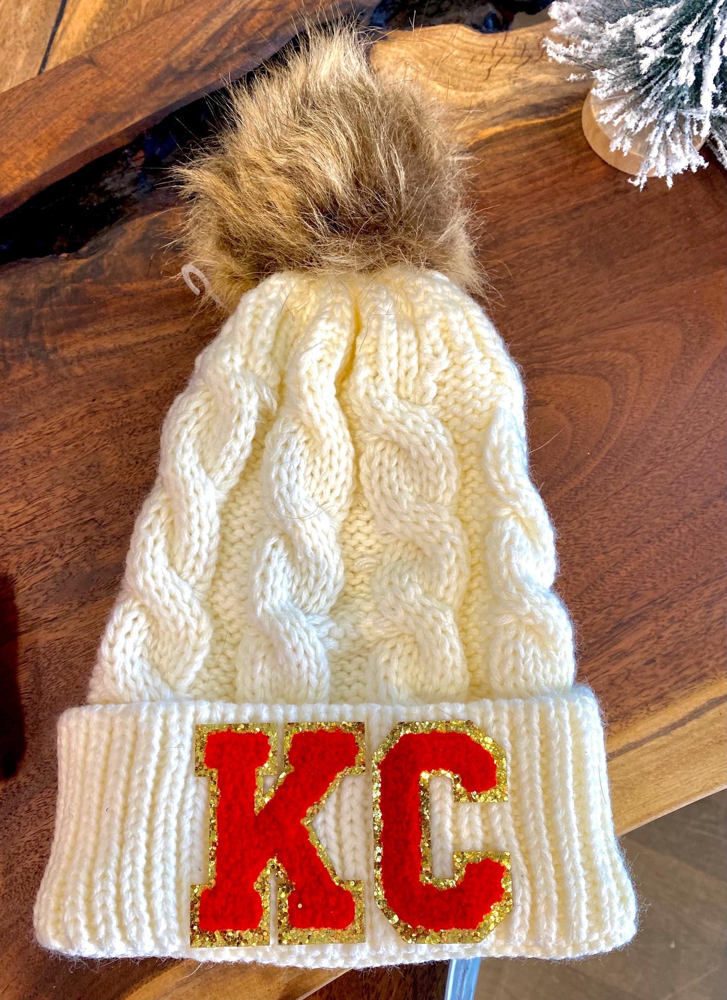 KC Gameday Beanie | Chiefs Football Women’s Hat | Kansas City Winter Pom Hat | Red Knitted Chunky Beanie | Cable Knit Cuffed Pom Beanie