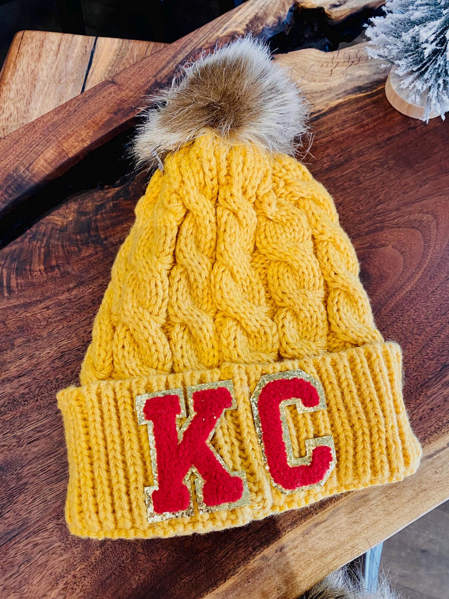 KC Gameday Beanie | Chiefs Football Women’s Hat | Kansas City Winter Pom Hat | Red Knitted Chunky Beanie | Cable Knit Cuffed Pom Beanie