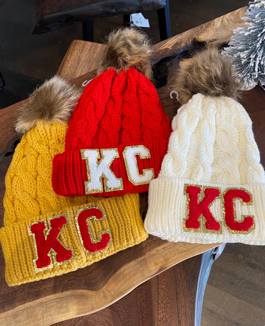 KC Gameday Beanie | Chiefs Football Women’s Hat | Kansas City Winter Pom Hat | Red Knitted Chunky Beanie | Cable Knit Cuffed Pom Beanie